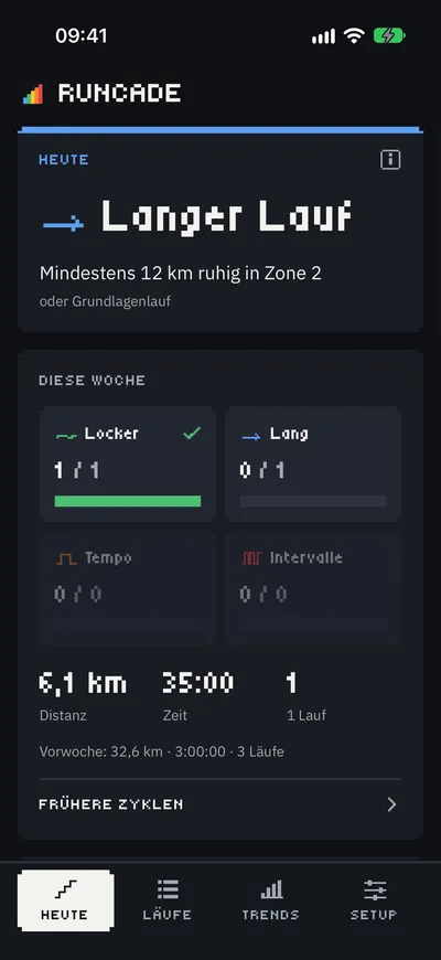 Runcade auf dem iPhone: Heute-Screen im Theme „Runcade“