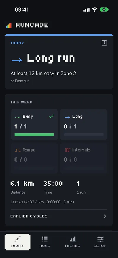 Runcade on iPhone: the Today screen in the theme „Runcade“